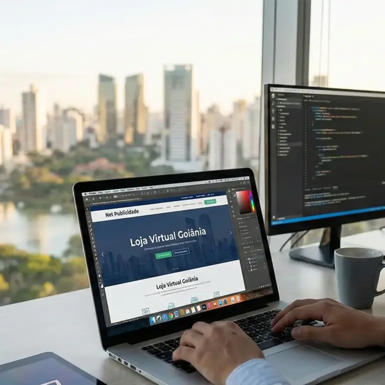 Notebook exibindo layout profissional na tela, ilustrando o serviço de Criação de Sites para Empresas em Goiânia.