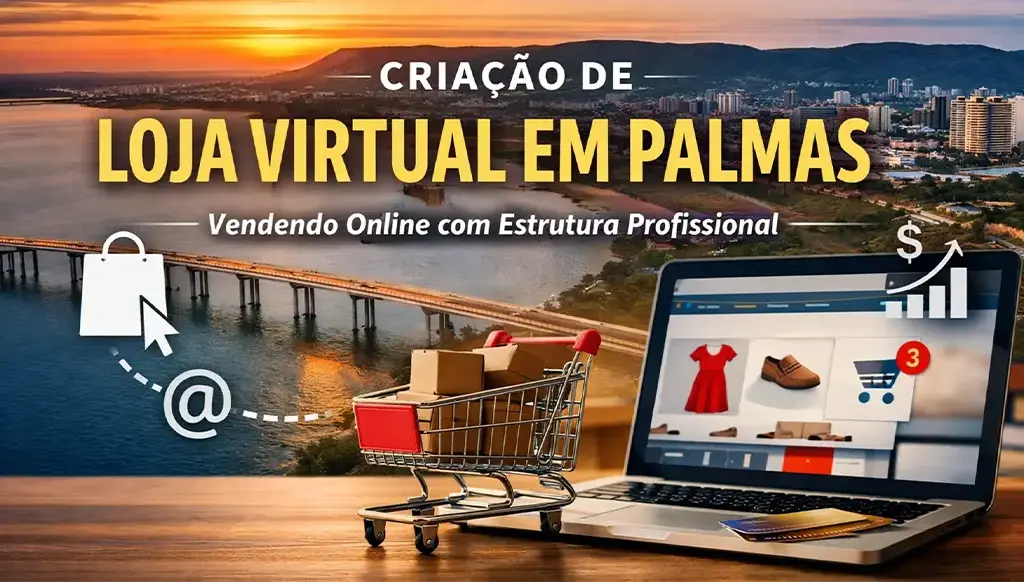 Criação de loja virtual em Palmas com laptop exibindo e-commerce, carrinho de compras e vista da cidade ao fundo.