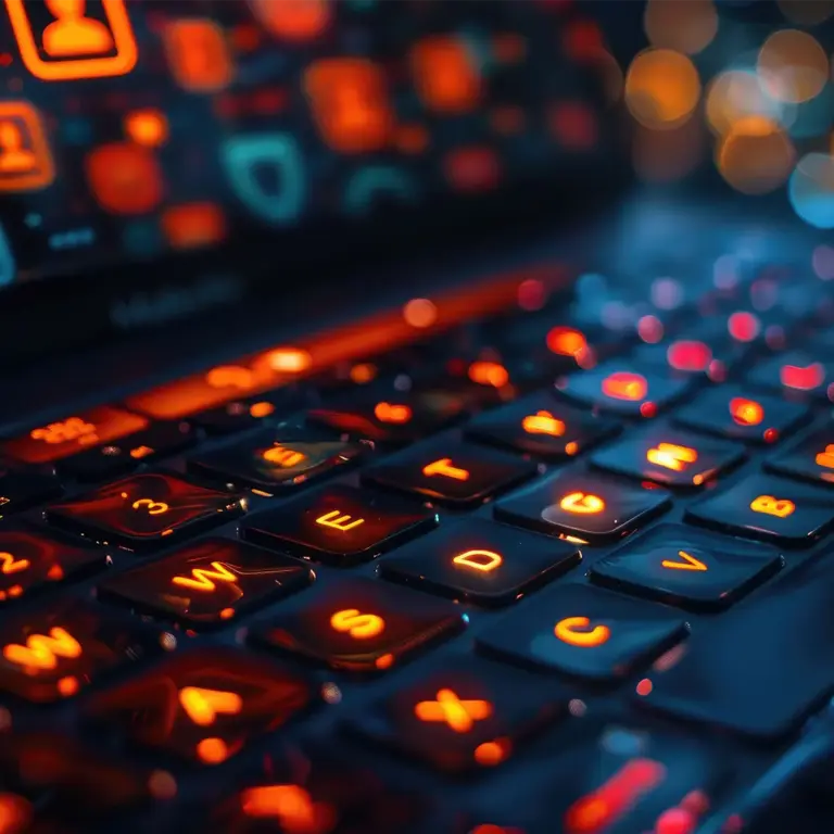 Criação de loja virtual em Palmas com teclado iluminado e interface digital ao fundo, representando tecnologia, e-commerce e vendas online.