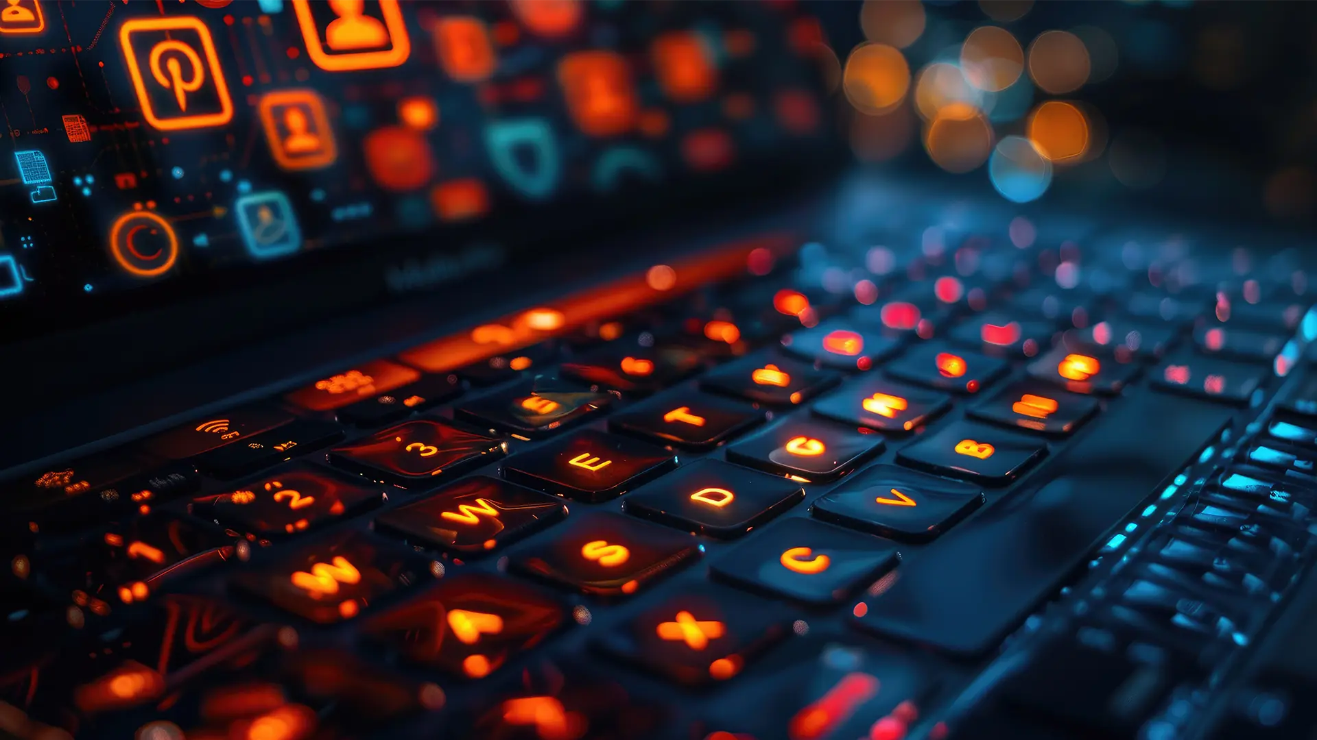 Criação de loja virtual em Palmas com teclado iluminado e interface digital ao fundo, representando tecnologia, e-commerce e vendas online.