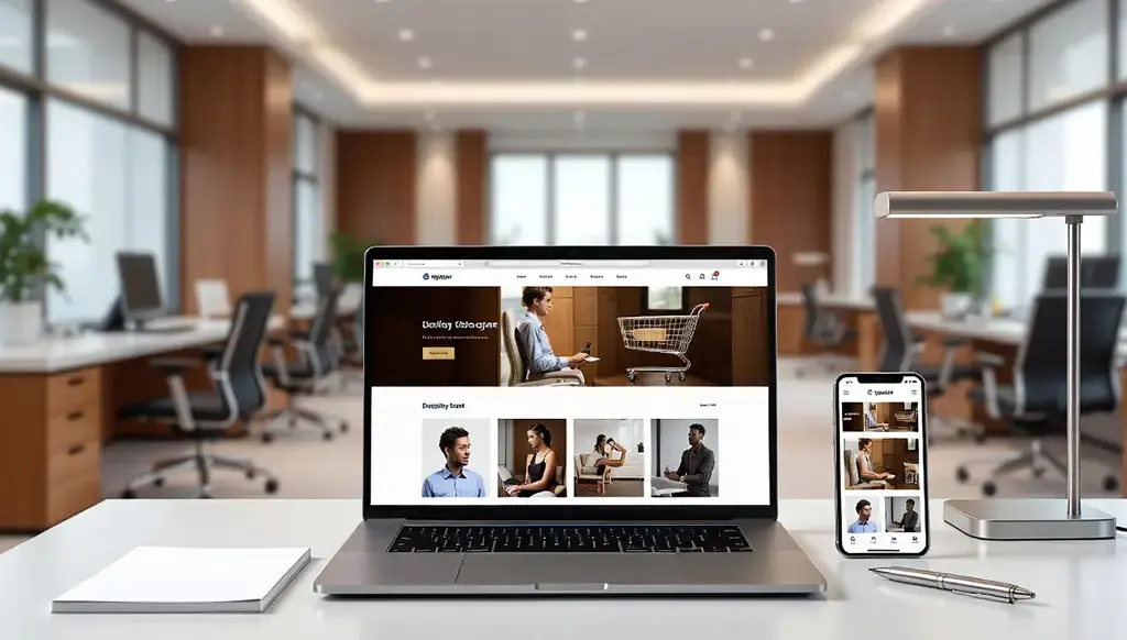 Criação de loja virtual em Fortaleza em escritório moderno com notebook e smartphone exibindo e-commerce profissional